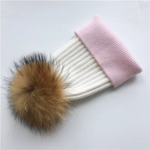 White-pink N Зимняя шапка, модная шапка с натуральным мехом, женские шапки с помпоном, кашемировый шерстяной вязаный берет, меховая шапка с помпоном, шапка с большим мехом енота - Цвет: White-pink N