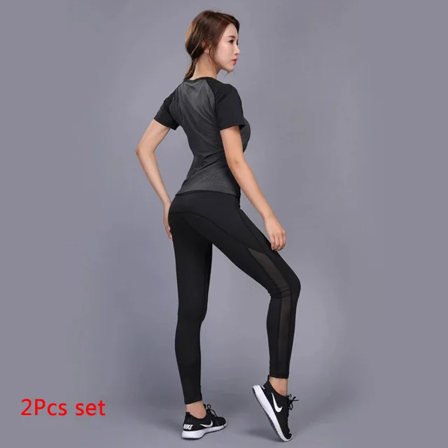 Gray 2 Pcs Set Комплект для йоги OLOEY из 2 предметов, одежда для спортзала, фитнеса, теннисная рубашка+ штаны для бега, облегающие Леггинсы для йоги и тренировок, спортивная одежда для женщин - Цвет: Gray 2 Pcs Set