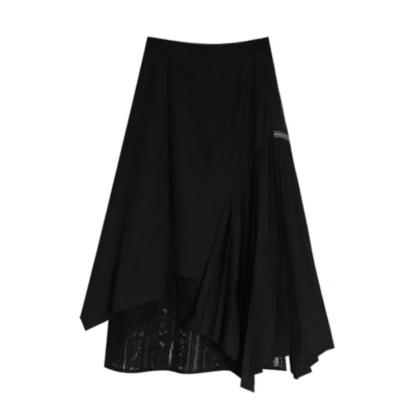 

SeeBeautiful Irregular Pleated Stitching Lace Loose A-line Half-body Skirt High Waist Button Woman Summer 2021 New Fashion E507