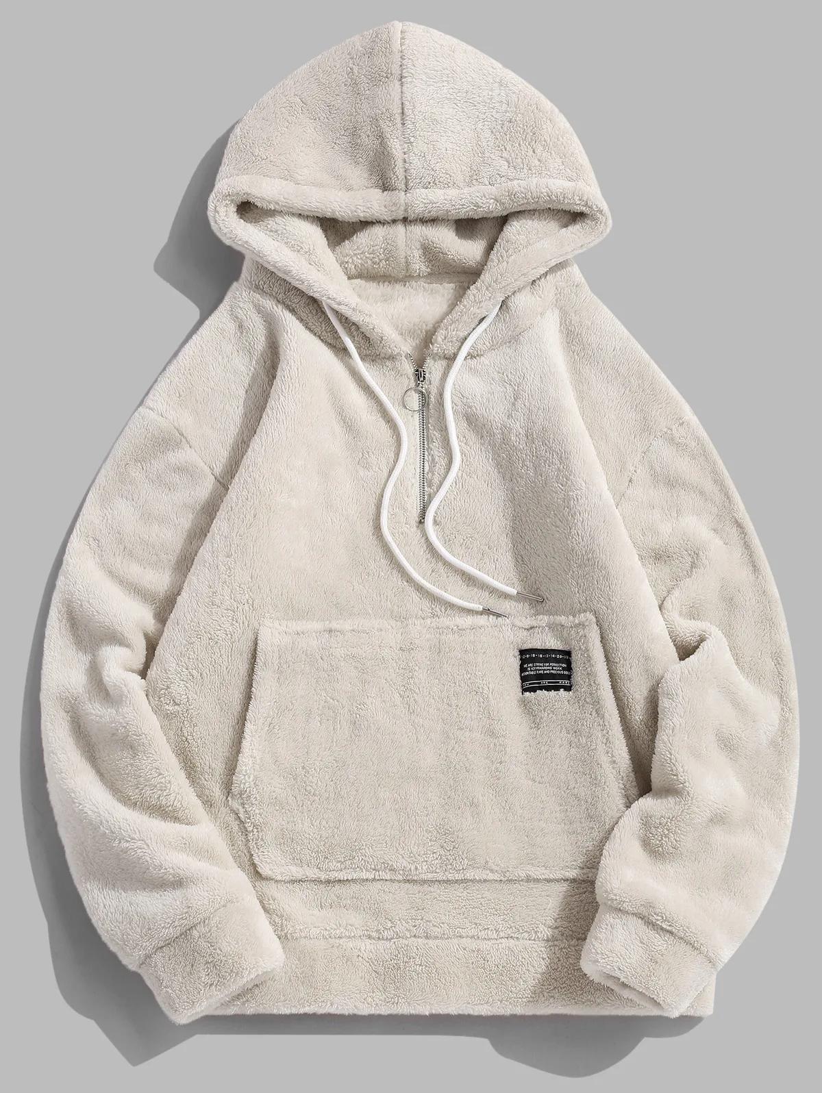 Warm White Мужская толстовка с капюшоном ZAFUL, одноцветная, с аппликацией, искусственный мех, простая, на шнурке, с капюшоном, рукав реглан, половина молнии, Теплые Топы, пушистые пуловеры - Цвет: Warm White