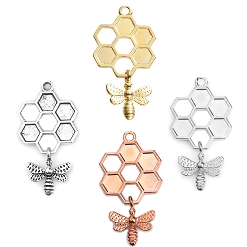 5 шт., 3D Подвески в виде сот из цинкового сплава, золотой, серебряный цвет, пчела, резные, полые, для изготовления ювелирных изделий своими руками, 46 х24 мм