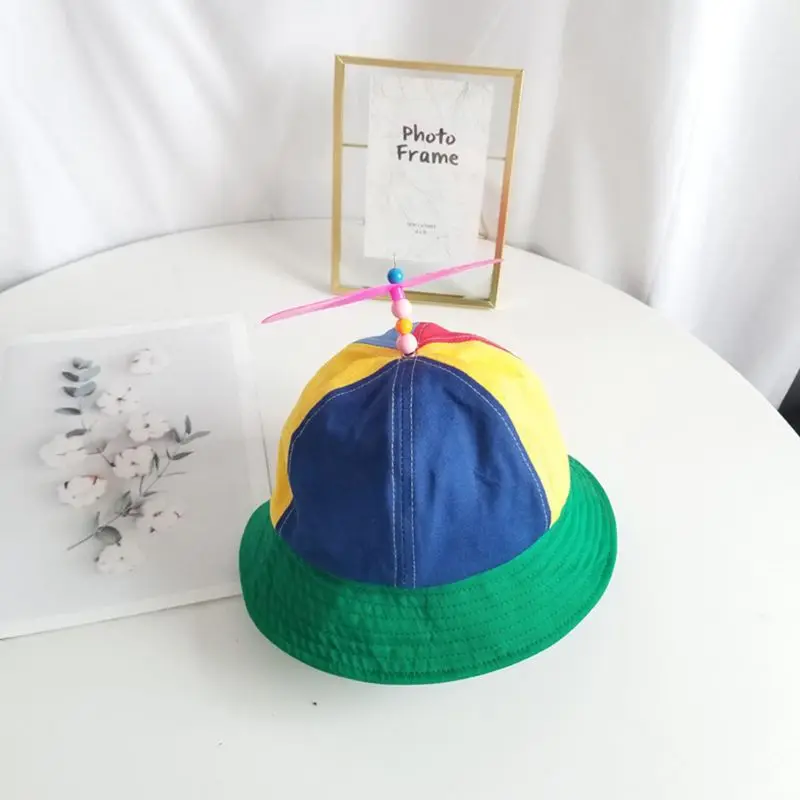 Children Kids Cotton Helicopter Propeller Bucket Cap Color Block Patchwork Dragonfly Beaded Summer Sun Protection Fisherman Hat | Детская
