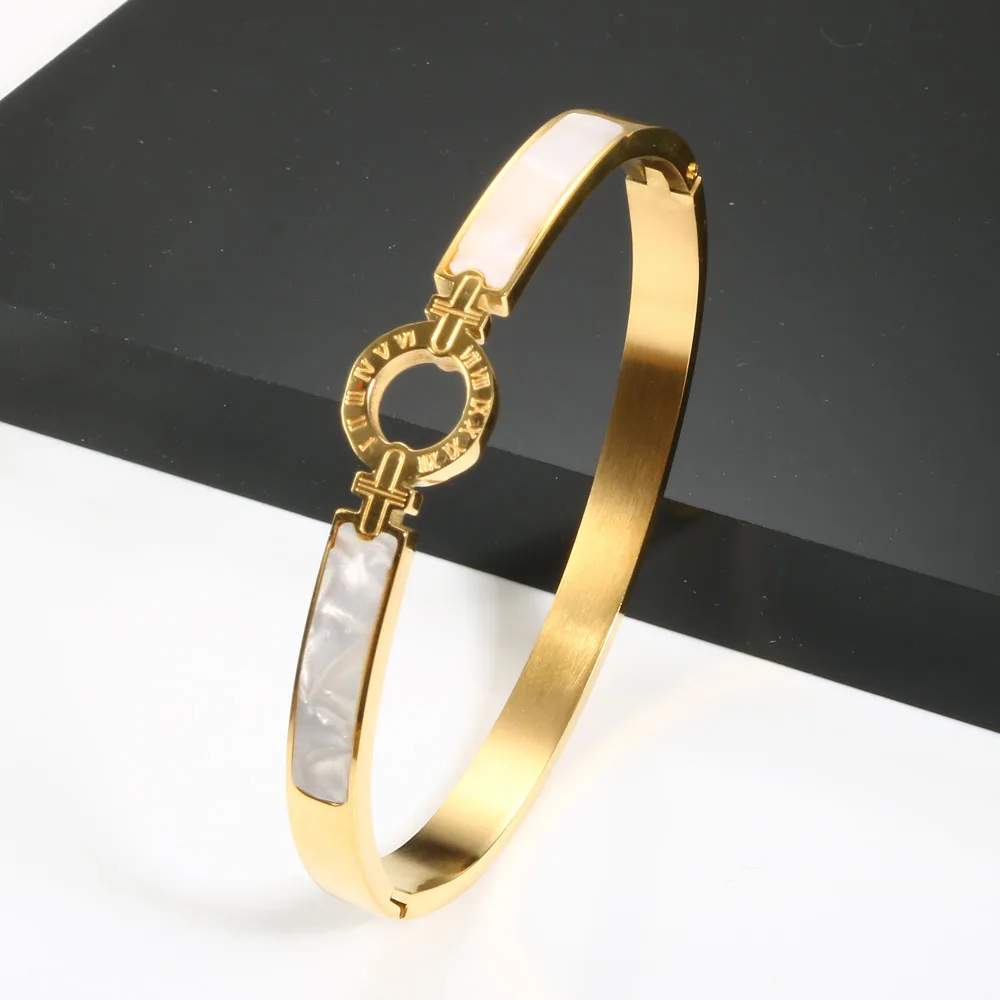 

New Arrival White Shell Roman Numeral Bangles & Bracelets Gold Plating Women Bangle For Fashion Bracelet Jewelry