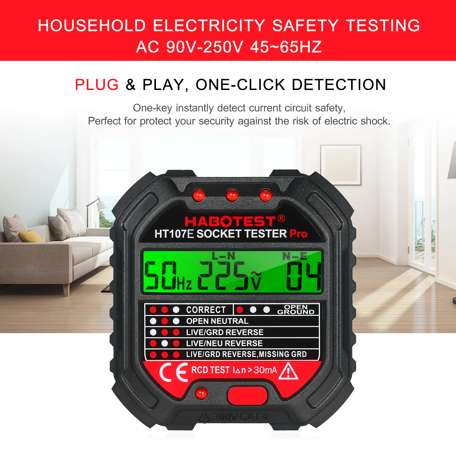 Выходной тестер HABOTEST GFCI 90-250 В с дисплеем напряжения для розеток автоматический