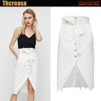 summer wear new style europe and america cool design mid length irregular slit burrs with belt denim skirt
