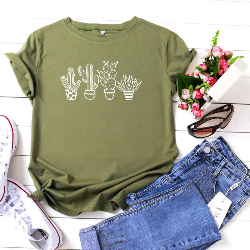 

Women Summer Cactus Print T-shirt 100% Cotton O Neck Oversize Plant Basic Tees Casual Tshirt Streetwear