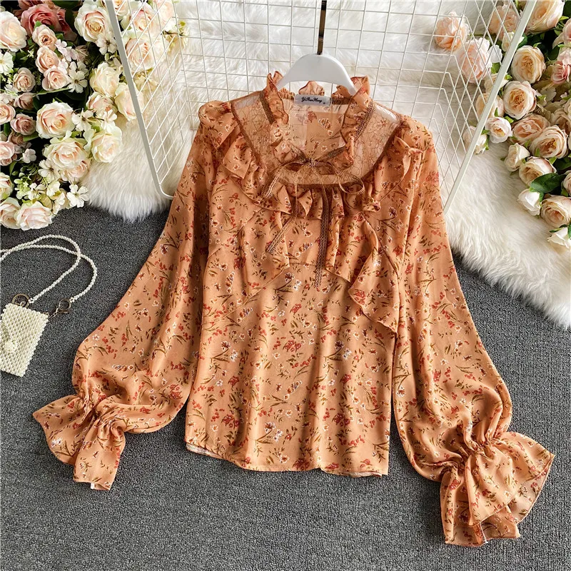 

Женская шифоновая блузка в стиле ретро, демисезонная милая блузка с воротником «уши» и цветочным принтом, с пышными рукавами, модель UK487, 2022