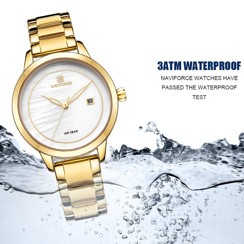 Часы наручные NAVIFORCE женские золотистые роскошные модные повседневные