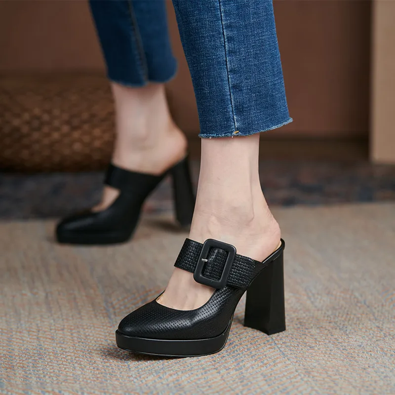 

MEMUNIA 2021 New Arrive Genuine Leather Shoes Women Pumps Round Toe Buckle Sexy High Heels Platform Shoes Women Mules Shoes