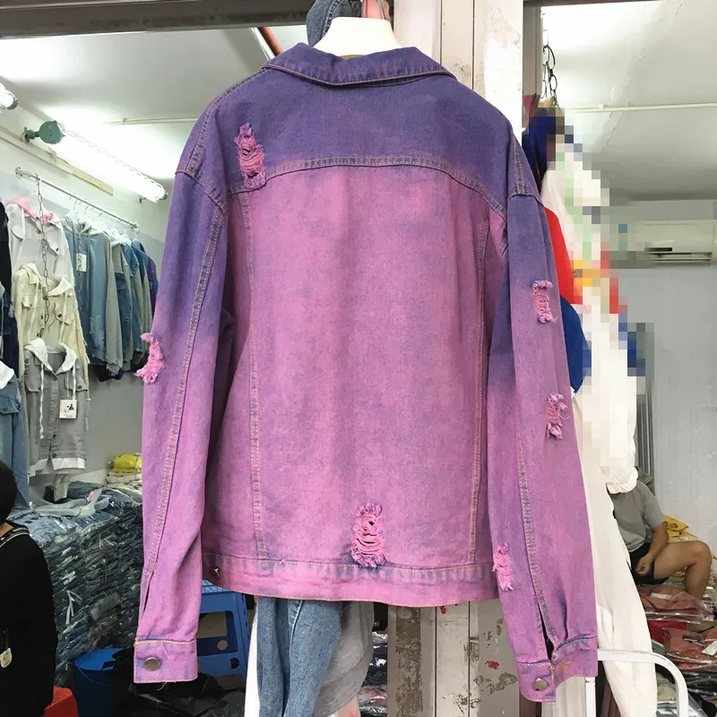 Женская Потертая джинсовая куртка Harajuku фиолетовая оверсайз в уличном стиле
