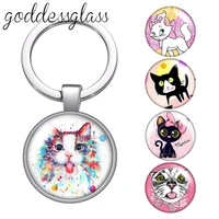 cartoon cats lovely cute cat pet round glass cabochon keychain bag car key chain ring holder charms keychains gifts