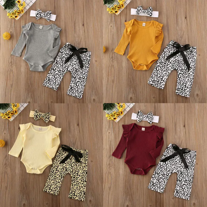 

Goocheer Autumn Newborn kids Baby Boy Girl Long Sleeve Romper Jumpsuit Tops Leopard Print Pants Headband Outfits Set Clothes