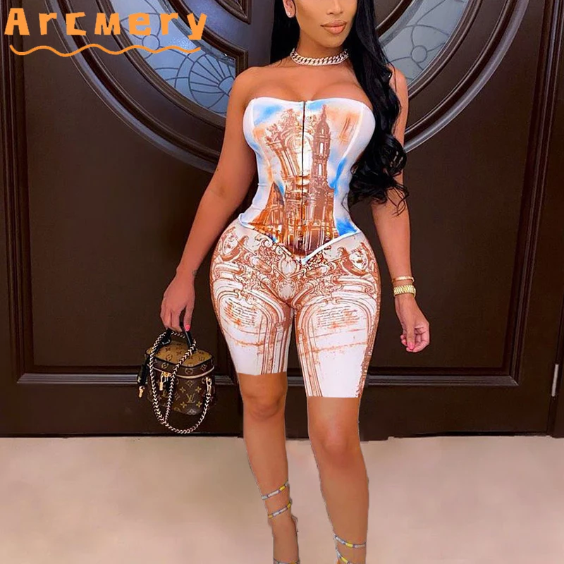 

Two Piece Vintage Printed Suits Tube Top & Skinny Shorts Set