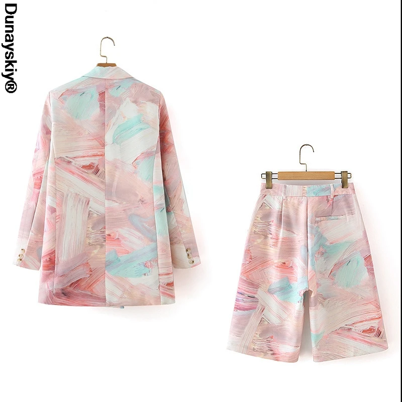 

Women Printed Mixed Color Double Breasted Blazer New Lapel Long Sleeve Loose Jacket Fashion Tide Spring Autumn 2021