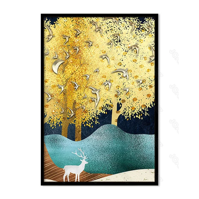 

Decorative Painting Modern Style Canvas Material Golden Tree and White Bird Elk Landscape Pattern Background Living Room