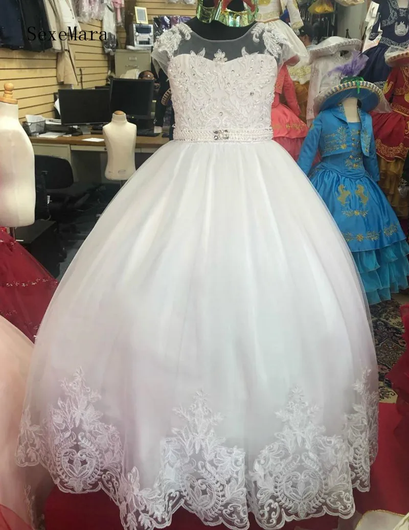 

White Ivory Flower Girl Dress Lace Beads Cap Sleeves Girls Communion Dress Birthday Party Gown for Ceremony Size 2-16years