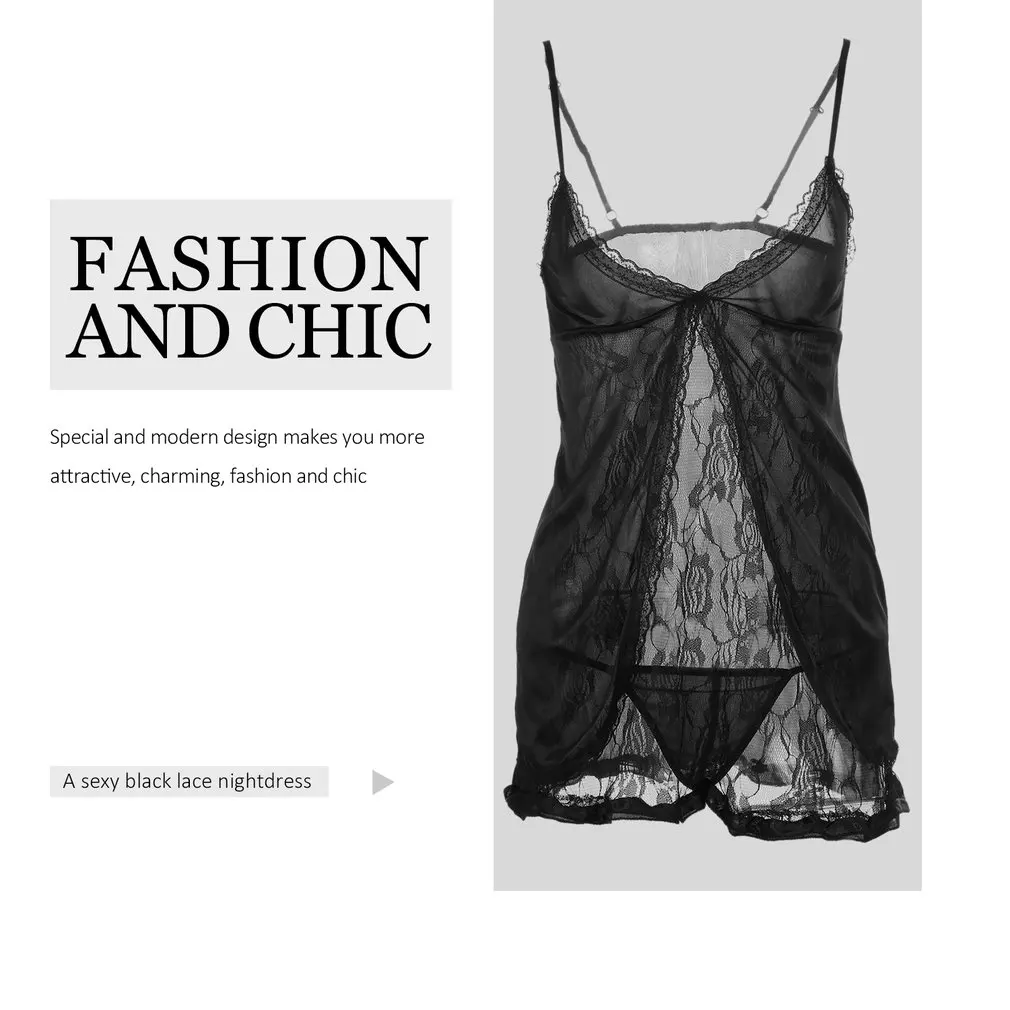 Черная кружевная эротическая комбинация сексуальная ночная рубашка женское