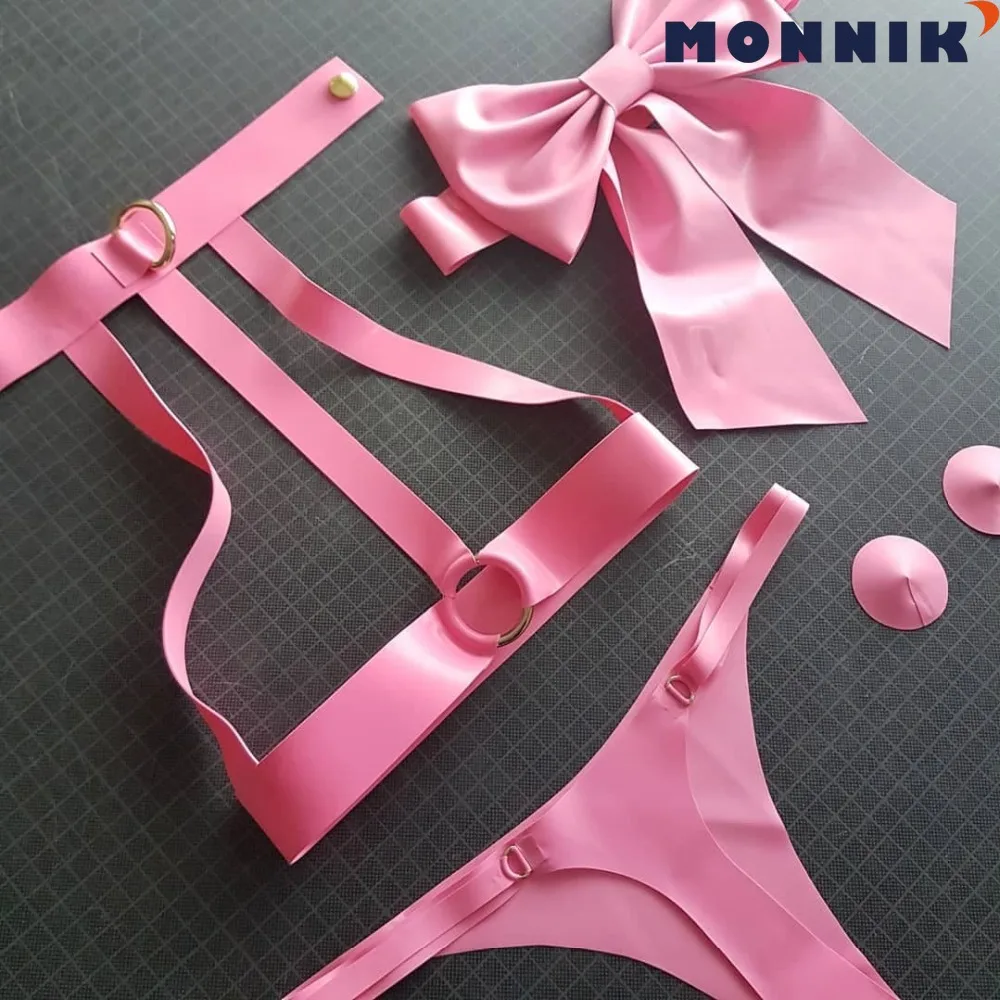 MONNIK latexPink и белый женский сексуальный латексный комплект нижнего белья с бантом |
