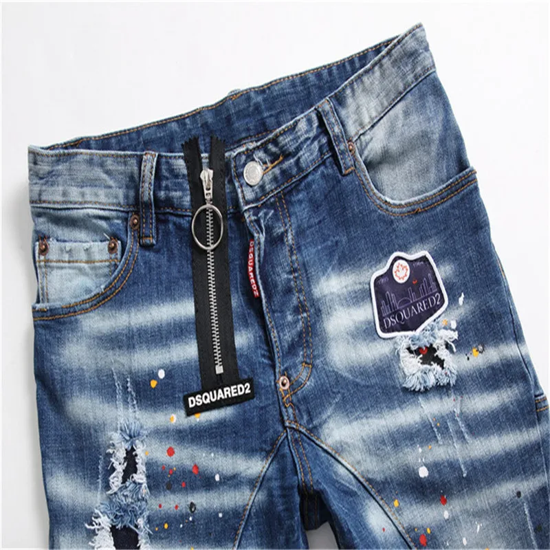 Men's Large Size Slimming Hole Taping Elastic Blue Tight Casual Fashion Versatile Waist Small Feet Jeans Pants