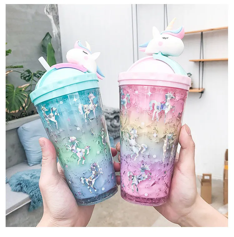 

Creative Unicorn Push Cap Plastic Ice Cup Cute Literary Fresh Cartoon Double Straw Cup Students Cup