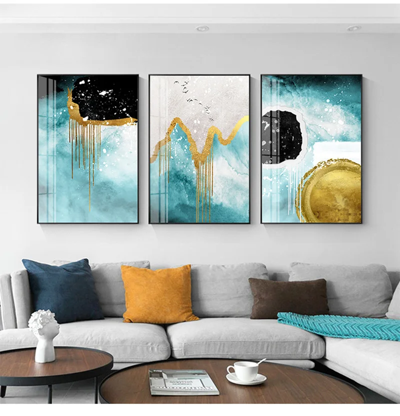 

Nordic Abstract color spalsh blue golden canvas painting poster and print unique decor wall art pictures for living room bedroom
