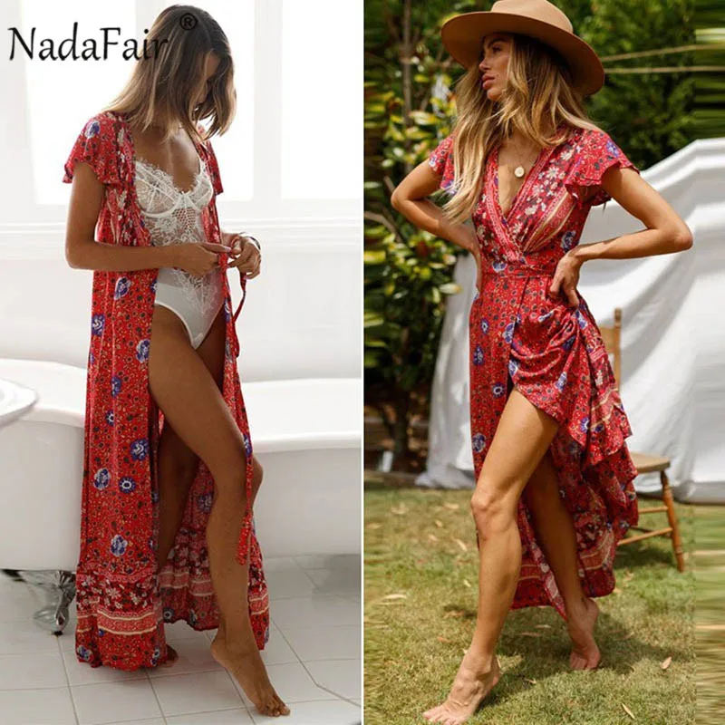 Nadafair, винтажное богемное платье с цветочным принтом, женское, с разрезом, сексуальное, длинное, Пляжное, летнее платье, Vestidos, с поясом, на шнуровке, элегантные, вечерние, макси платье