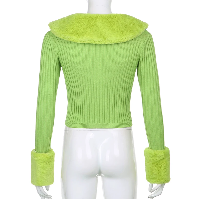 Y2K Sweetown Ribbed Knit Ladies Cardigans Sweaters with Fur Trim Collar – Long Sleeve, Slim Fit, Ideal for Autumn and Winter – Women's Knitwear image 6