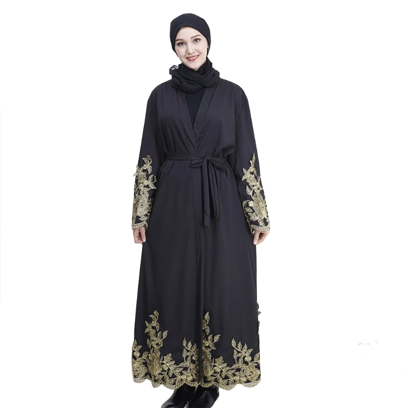 

P8DB женская мусульманская модель Ближний Восток Abaya халат с цветочной вышивкой аппликация исламский Дубай турецкий кардиган с поясом