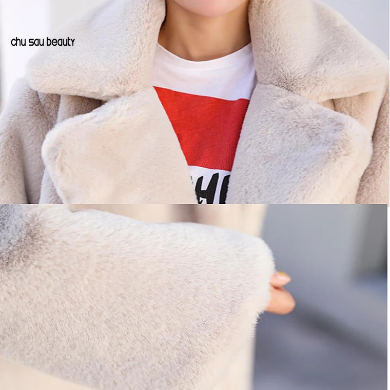 

Winter Women High Quality Faux Rabbit Fur Coat Luxury Long Fur Coat Loose Lapel OverCoat Thick Warm Plus Size Female Plush Coats
