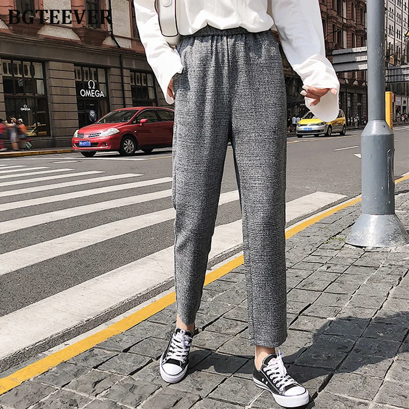 BGTEEVER винтажные клетчатые женские шаровары женский эластичный пояс осень зима