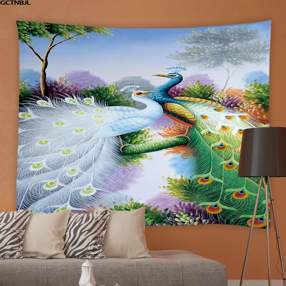 Tapiz colgante de pared de pavo real azul, hermoso p&aacute;jaro y flor, artista, hogar, sala de estar, dormitorio, fondo, pa&ntilde;o de cabecera-3