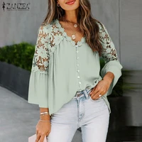 zanzea 2021 fashion flare sleeve tops women lace stiching blouses casual spring blusas female v neck blusas oversized chemise