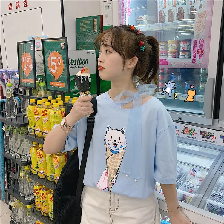 Harajuku Ulzzang, большие размеры, футболка, японский мультфильм, аниме, принт, футболки, лето, женская футболка с коротким рукавом, повседневные кавайные Топы - Цвет: ShanH 9860 lan