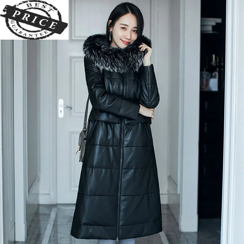 

Genuine Leather Jacket Women Natural Sheepskin Coat Winter Down Parka Female Real Fur Hooded Long Warm Outwear LWL121a