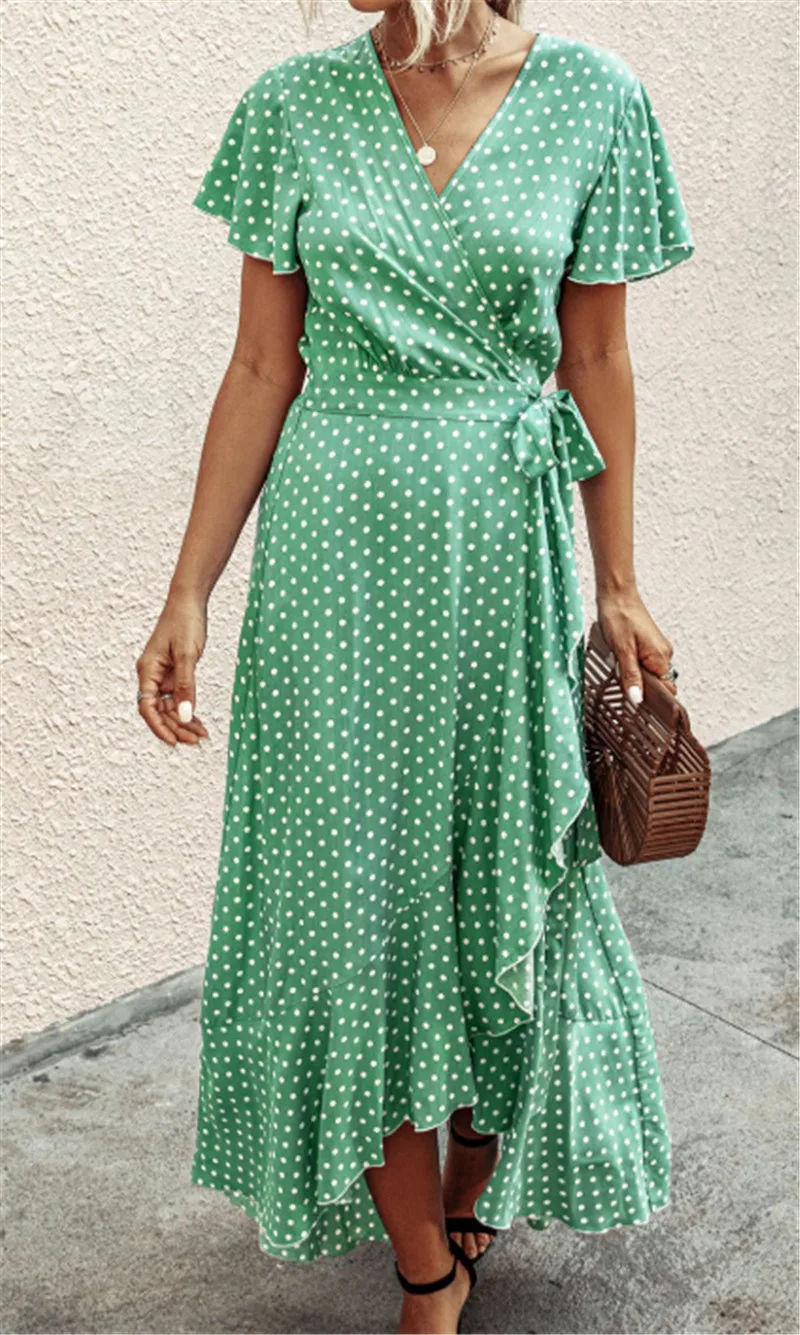 

Women Polka Dot Dress Casual Vintage Office Lady V-Neck Lace-up Long Dress Fashion Female High Waist Ruffled Dress