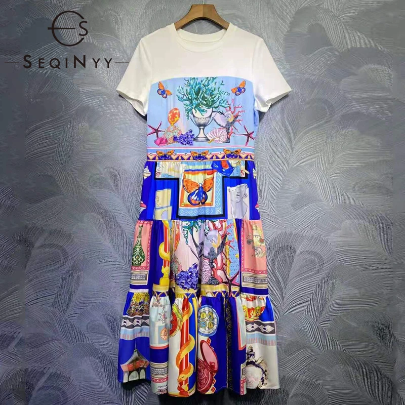 

Женское Повседневное платье-миди SEQINYY, элегантное модельное платье с винтажным принтом и бусинами, белого и синего цвета, весна-лето