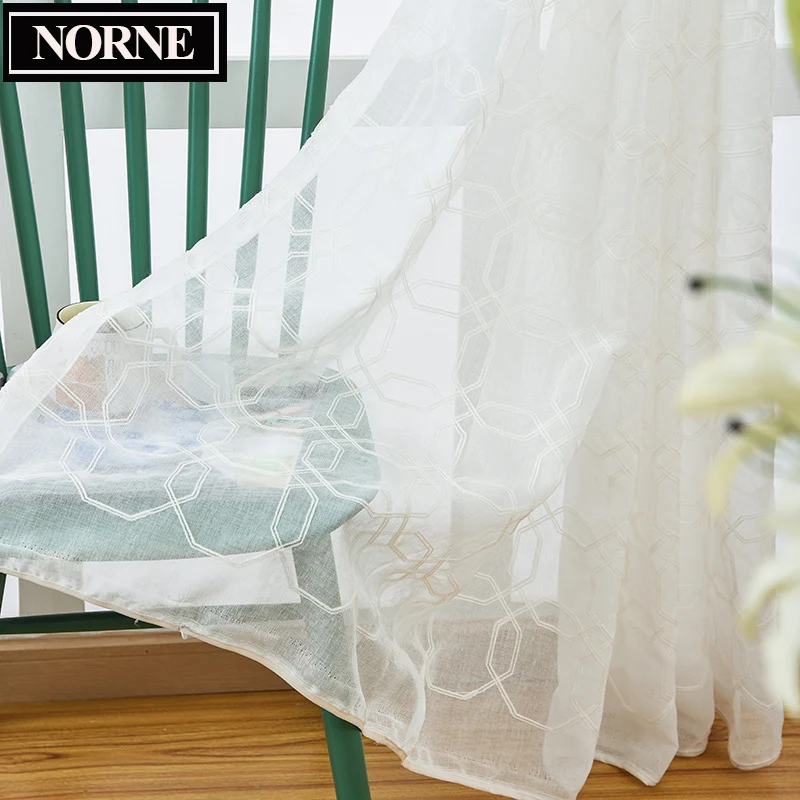 

NORNE Embroidered Semi White Voiles Geometric Tulle Sheer Curtain for Living Room Decoration,Kitchen Drape Treatment for Bedroom