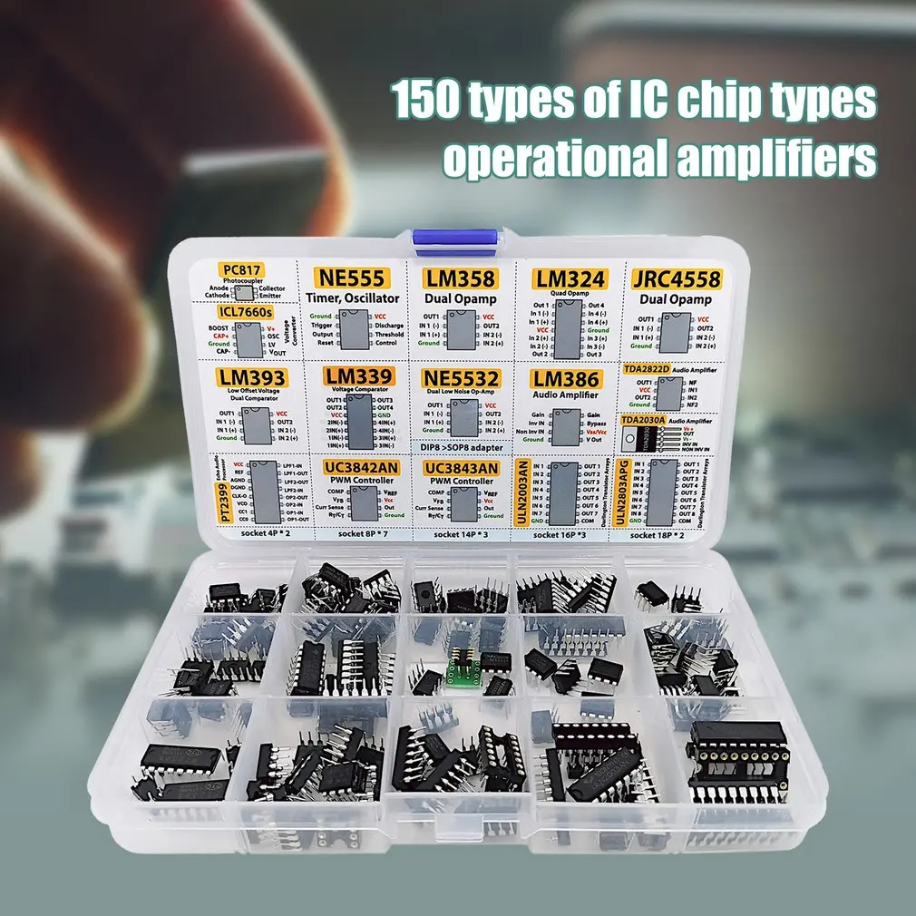 

IC Chip Assortment 150 pcs, opamp, oscillator, pwm, PC817, NE555, LM358, LM324, JRC4558, LM393, LM339, NE5532, LM386, TDA2030