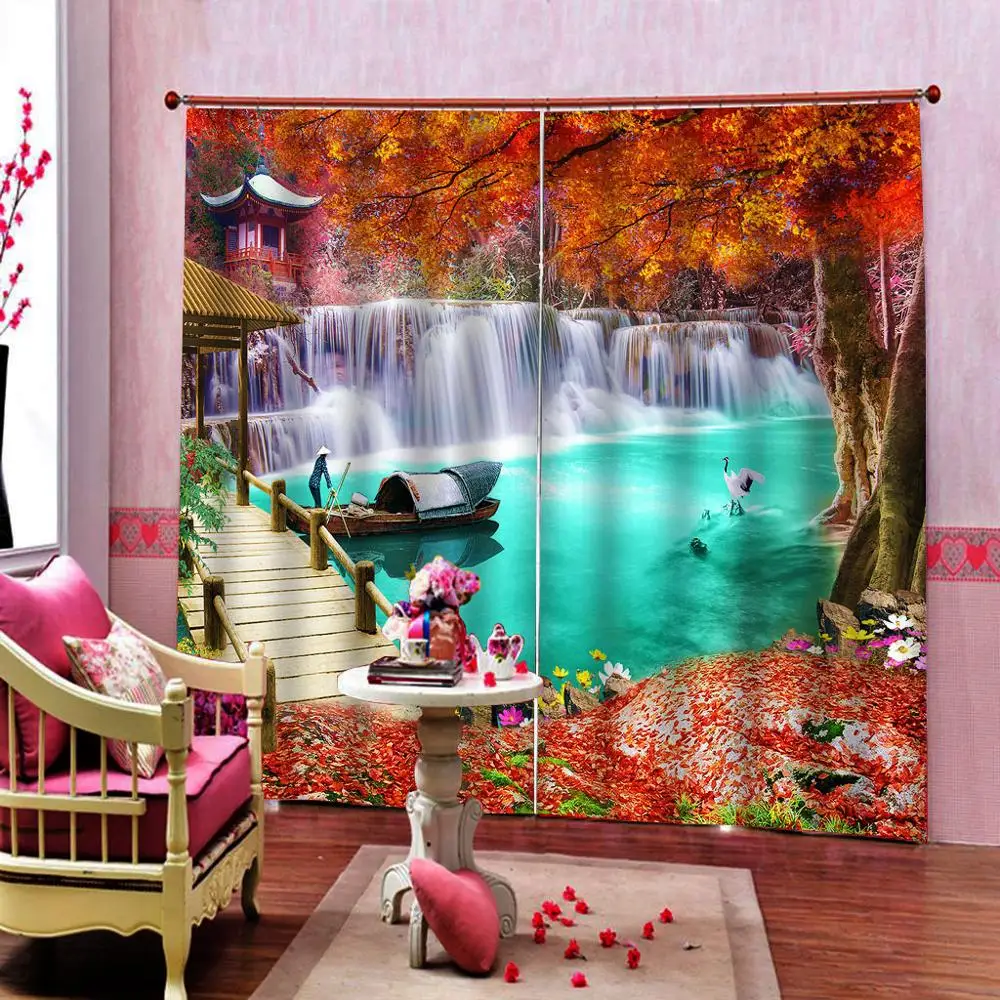 

Window Curtain Living Room beautiful waterfall forest landscape Curtains For The Window Maple leaf Luxury Curtains Bedroom