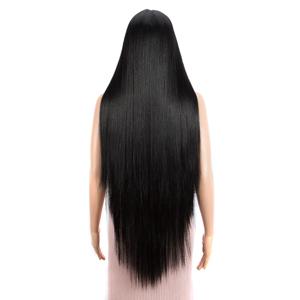 LOVE ME Synthetic High Resistance Fiber Wig 38 Inch Super Long Straight Black Color Fake Hair Synthetic Cosplay Front Lace Wigs