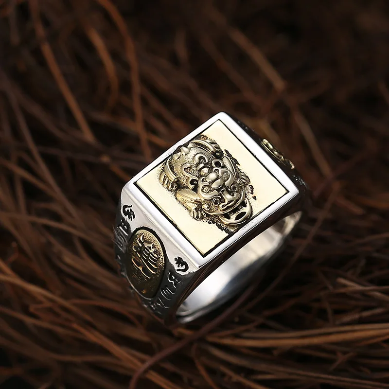 Мужское регулируемое кольцо из серебра 925 пробы с мантрой Будды|Кольца| |