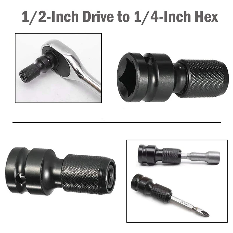 

2 Pack 1/2 Square Drive to 1/4 Hex Shank Socket Adapter Quick Release Chuck Converter for Impact Ratchet Wrench