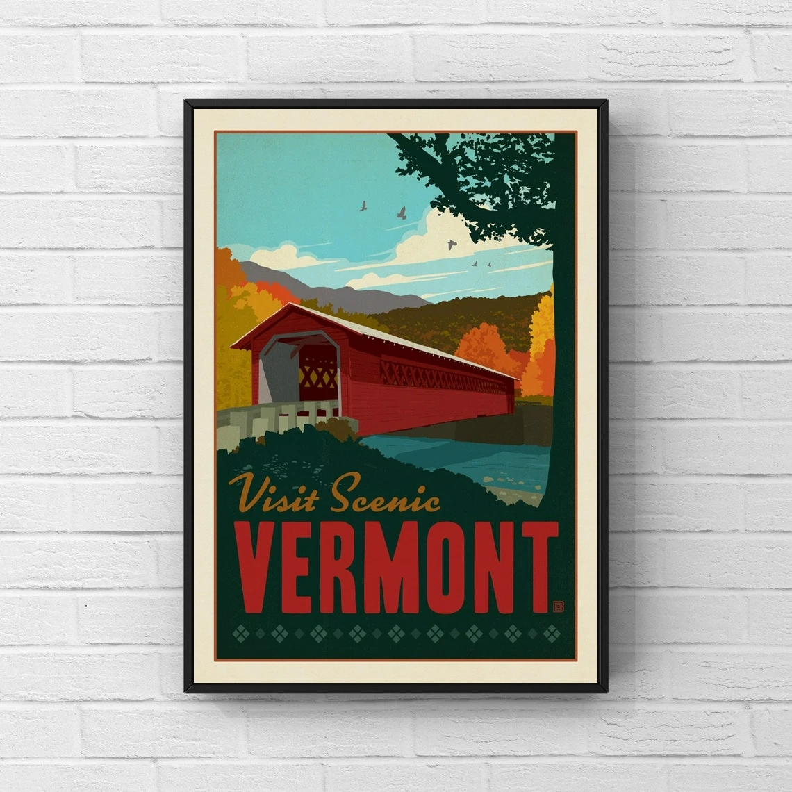 

Vermont Travel Poster, Covered Bridge Retro Art Print, Our First Home Gift,Canvas Wall Art Abstract, The Office Prints
