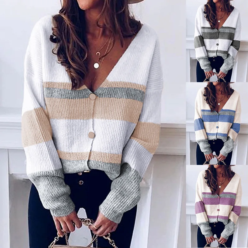 

Autumn Winter Button Knitted Blouse V Neck Women's Striped Sweater Cardigan
