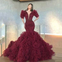 2022 burgundy luxury mermaid evening dresses v neck half sleeves sequins sparkly tulle ruffles women long prom gowns custom made