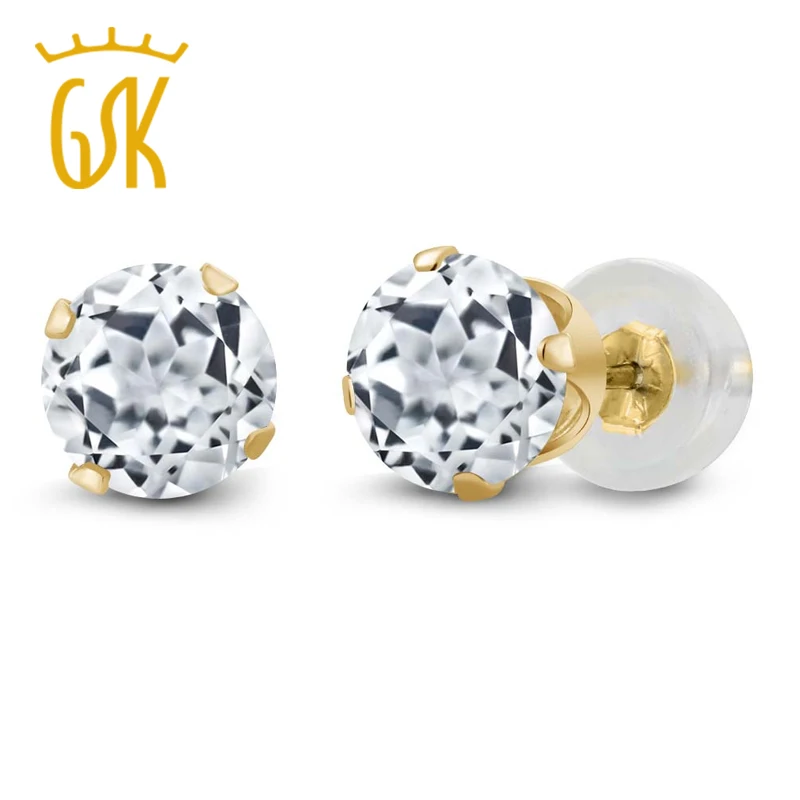 GemStoneKing 0,66 карат круглый белый топаз 14 к желтое золото 4-Зубец серьги гвоздики 4 мм Хорошее ювелирное изделие для женщин