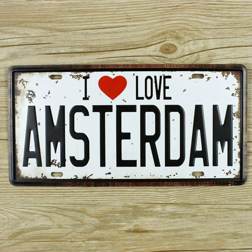 

SYF-A103 Retro license Car plates letter " I LOVE AMSTERDAM " vintage metal tin signs garage painting plaque Sticker 15x30cm