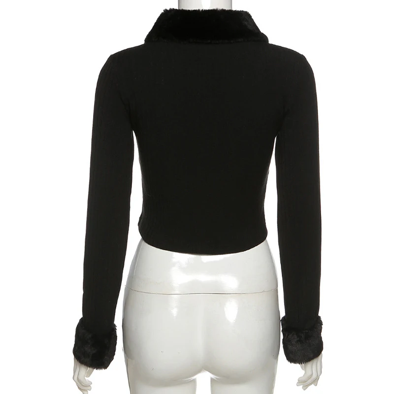 

E-girl-vintage imitation fur knitted vest, Y2K zipper, slim long sleeve top, smooth and fashionable cardigan crop top