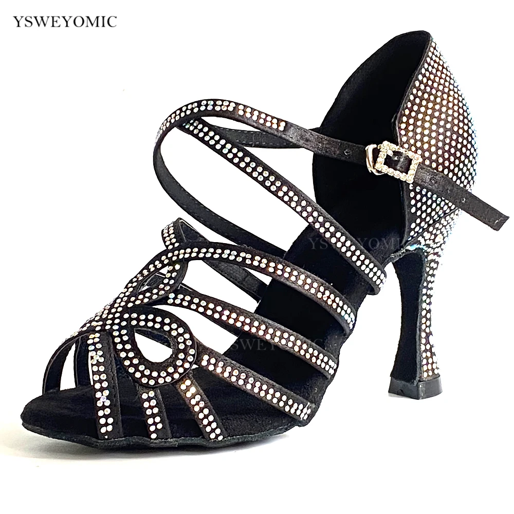 New Style Women Rhinestones Latin Salsa Dance Shoes Black Satin High Heel zapatos de baile latino Customized Heel 5-10 cm