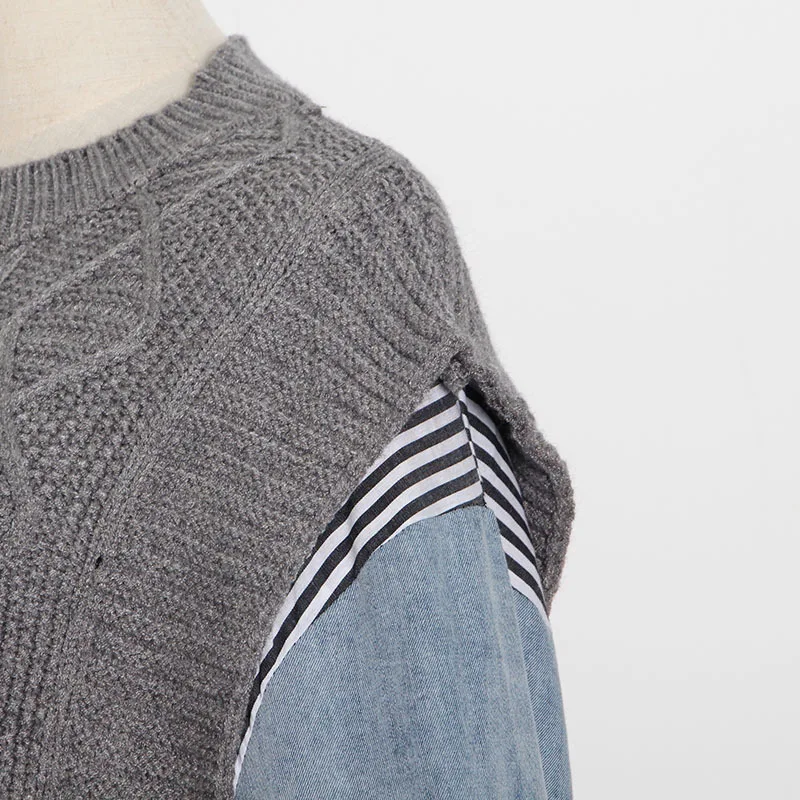 

Street Casual Women O-neck Knitted Vest Patchwork Medium Long Striped Denim Blouse Chic Shirt Top